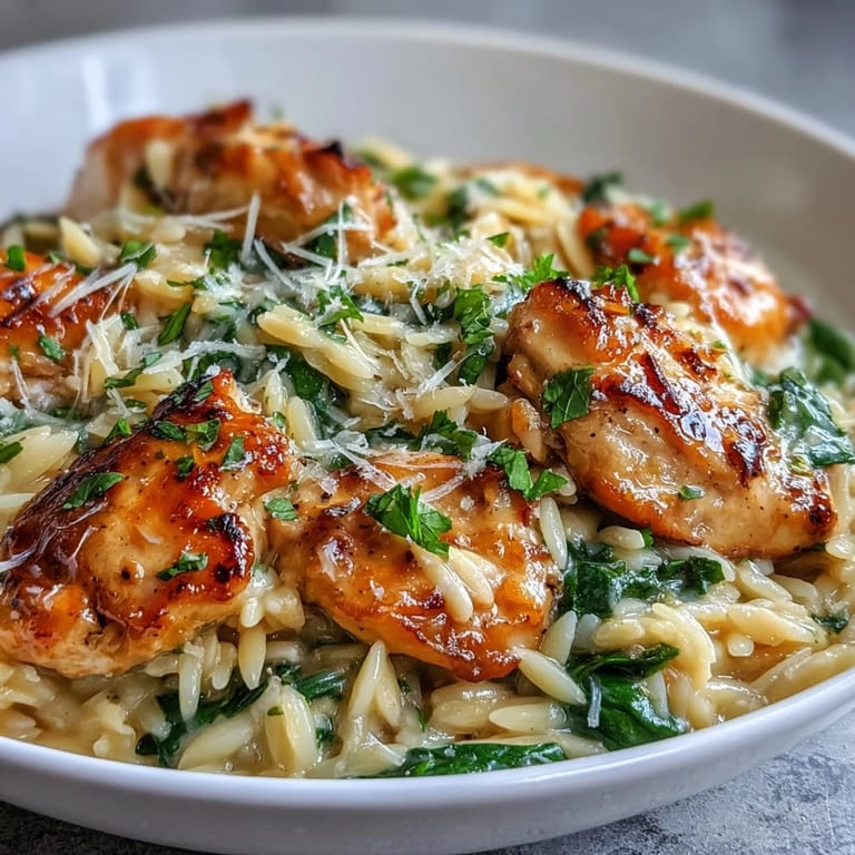 A close-up of One-Pot Lemon Garlic Chicken and Orzo with Spinach, garnished with fresh parsley and Parmesan, served family-style with lemon wedges on the side.