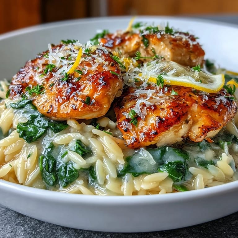 A single-serve bowl of One-Pot Lemon Garlic Chicken and Orzo with Spinach, featuring tender chicken, garlicky orzo, and melted Parmesan, ready to enjoy.