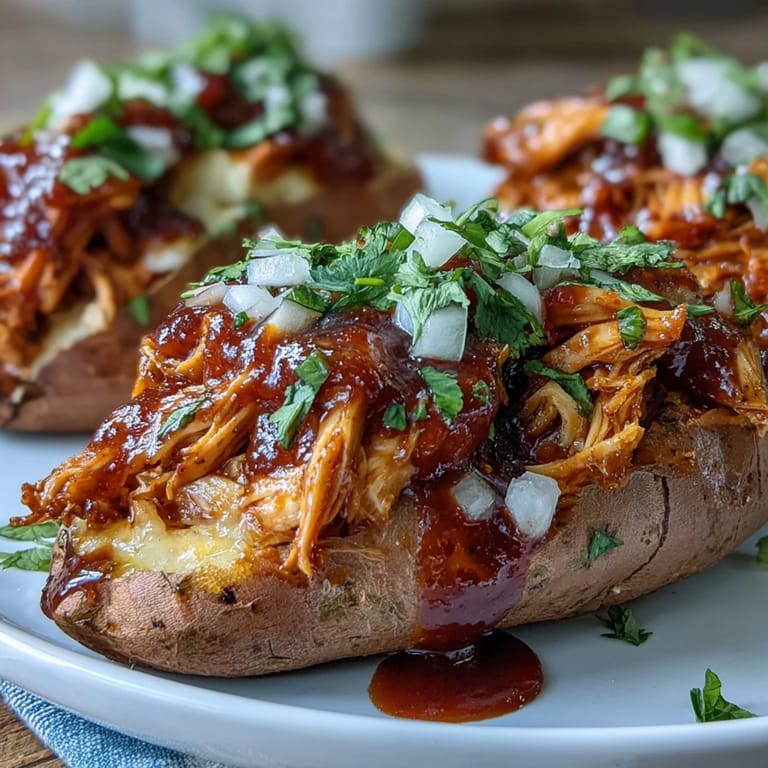 Roasted sweet potatoes stuffed with smoky honey BBQ chicken and finished with a cooling dollop of sour cream.