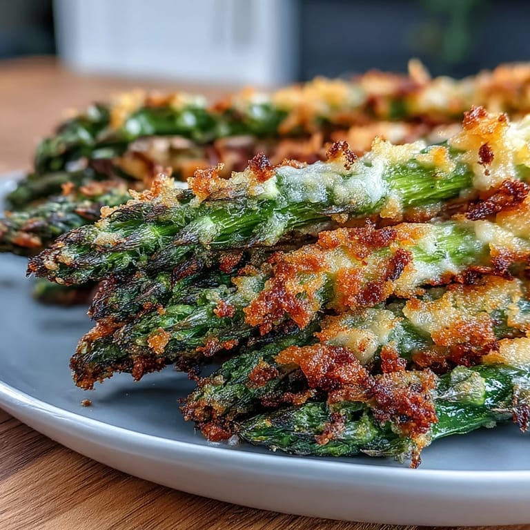 Golden Parmesan-crusted asparagus and juicy chicken breast slices are arranged on fresh arugula and spinach, topped with shaved cheese and red onion.