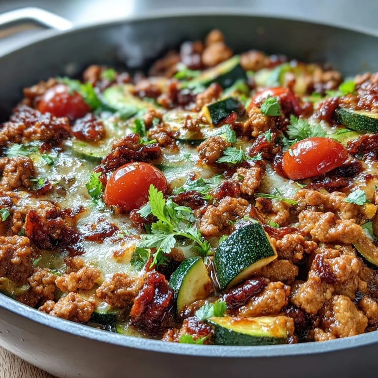 Hearty one-pan turkey taco zucchini skillet with smoky spices, tender vegetables, and gooey melted cheese for a satisfying gluten-free meal.