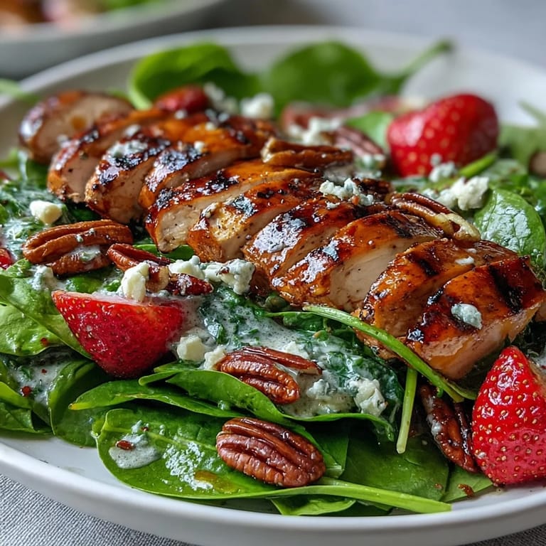 Colorful summer salad with grilled chicken, ripe strawberries, baby spinach, and creamy poppy seed dressing for a refreshing meal.