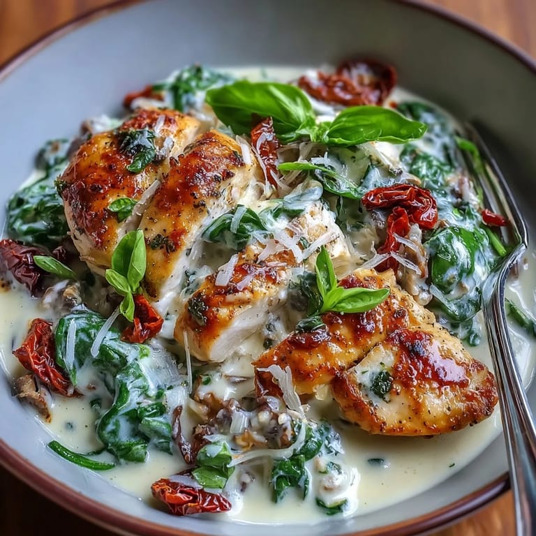 Velvety low-carb Tuscan chicken dish with sun-dried tomatoes and Parmesan, featuring tender chicken simmered in a luscious, herb-infused cream sauce.