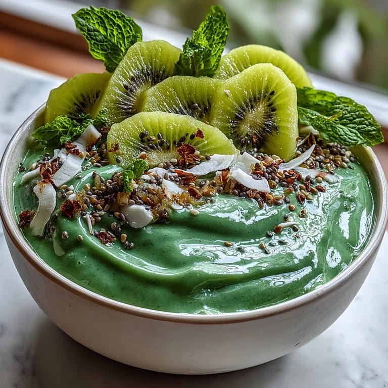 This colorful green smoothie bowl blends banana, pineapple, and mango with coconut milk, topped with fresh kiwi and coconut flakes.