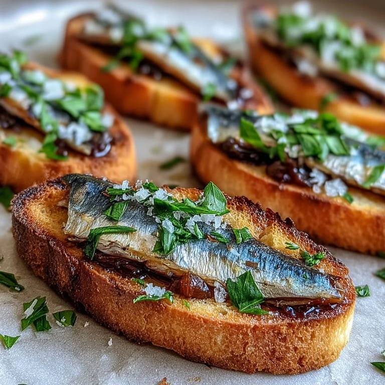 Golden toasted baguette slices layered with sardines, lemon juice, and herbs for an elegant Italian starter.  