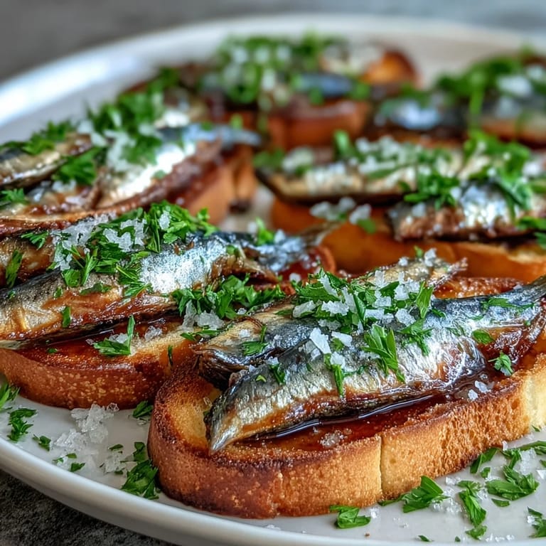 Elegant crostini featuring sardines, lemon zest, and fresh parsley for a vibrant, easy appetizer.