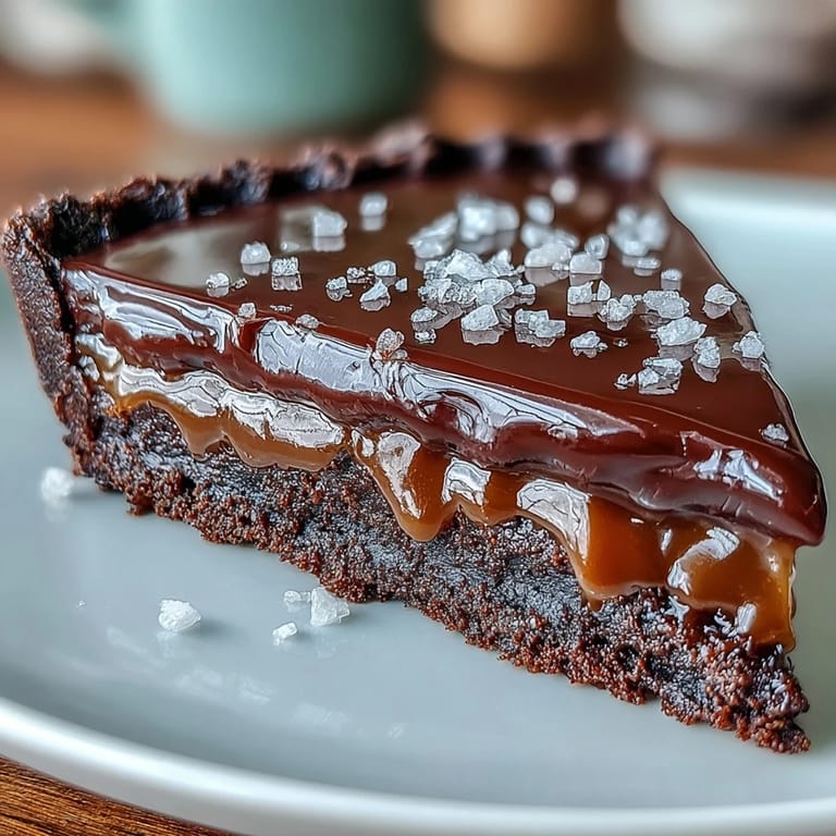 Silky salted caramel layered over a cocoa tart crust, topped with smooth dark chocolate ganache in this elegant dessert.