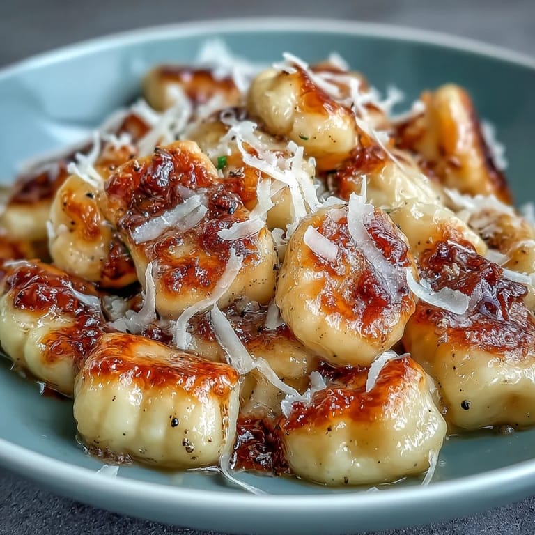 Pillowy potato gnocchi glistening in black truffle butter, garnished with Parmesan curls and chopped parsley on a rustic wooden table.