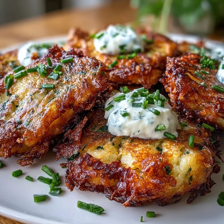 Herb-infused smashed potato fritters, crispy on the outside and tender inside, garnished with sour cream and fresh chives for a comforting side dish.