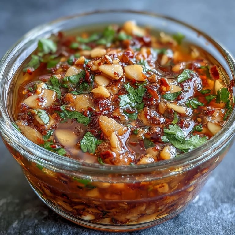 Spicy garlic chili oil with fresh cilantro and ginger, perfect for adding heat to bread or grilled meats.  
