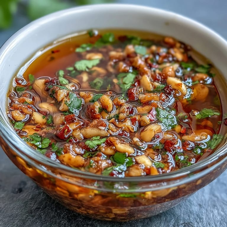 Aromatic chili oil dipping sauce featuring sizzling garlic and herbs, ideal for enhancing Asian-inspired dishes.
