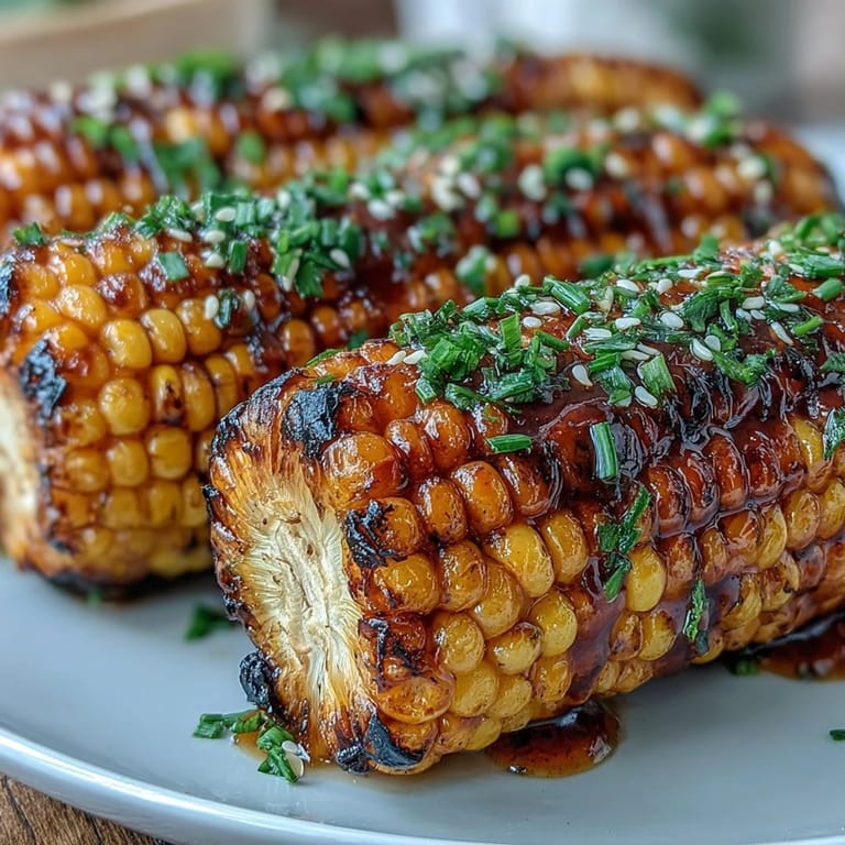Charred corn on the cob glazed with miso butter sauce, offering a perfect balance of salty, sweet, and tangy flavors.