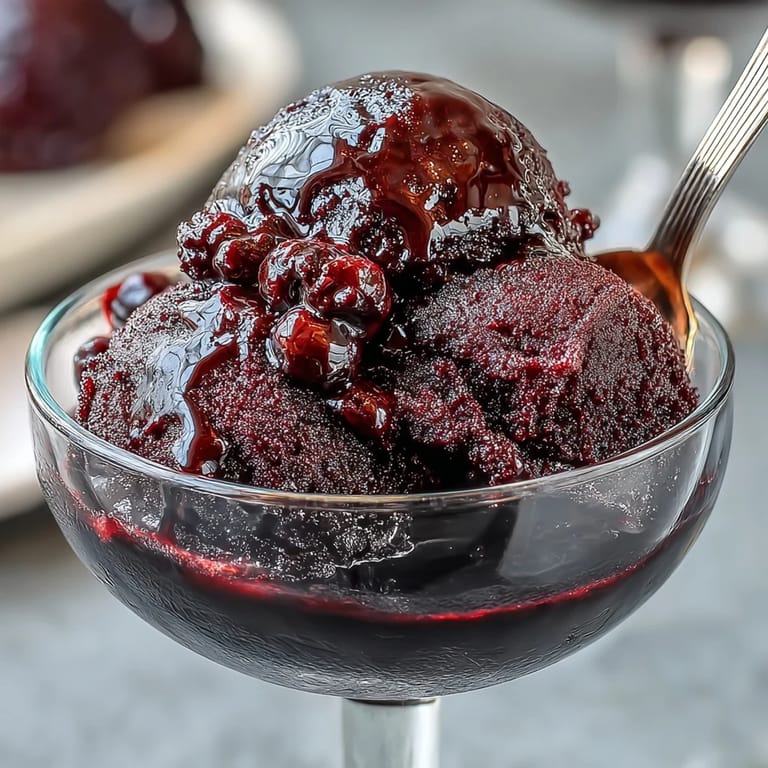 Rich black currant & gin sorbet, blending tart berries with botanical gin, garnished with fresh mint and served with delicate shortbread cookies.