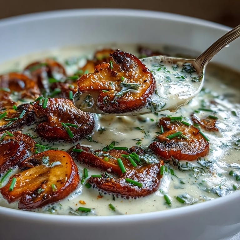 Rich and comforting Creamy Mushroom & Cardamom Soup, garnished with fresh herbs and a swirl of cream.  