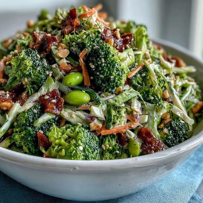 Fresh broccoli crunch salad bursting with colorful vegetables, edamame, and a flavorful Asian-inspired sesame dressing.