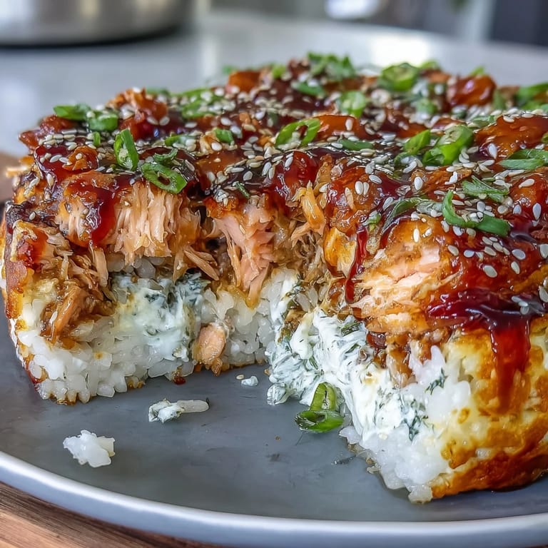 Deconstructed sushi roll casserole featuring seasoned rice, salmon, and imitation crab, baked until golden and bubbly.