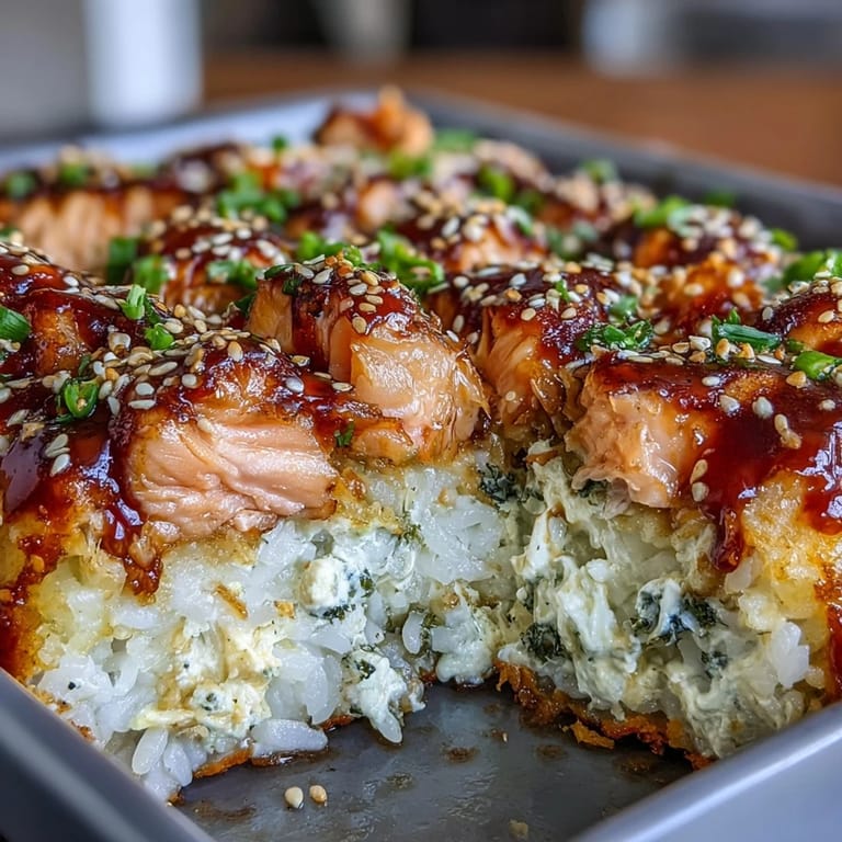 Warm, cheesy salmon and crab sushi bake with Sriracha mayo, served with crispy seaweed sheets for wrapping.  