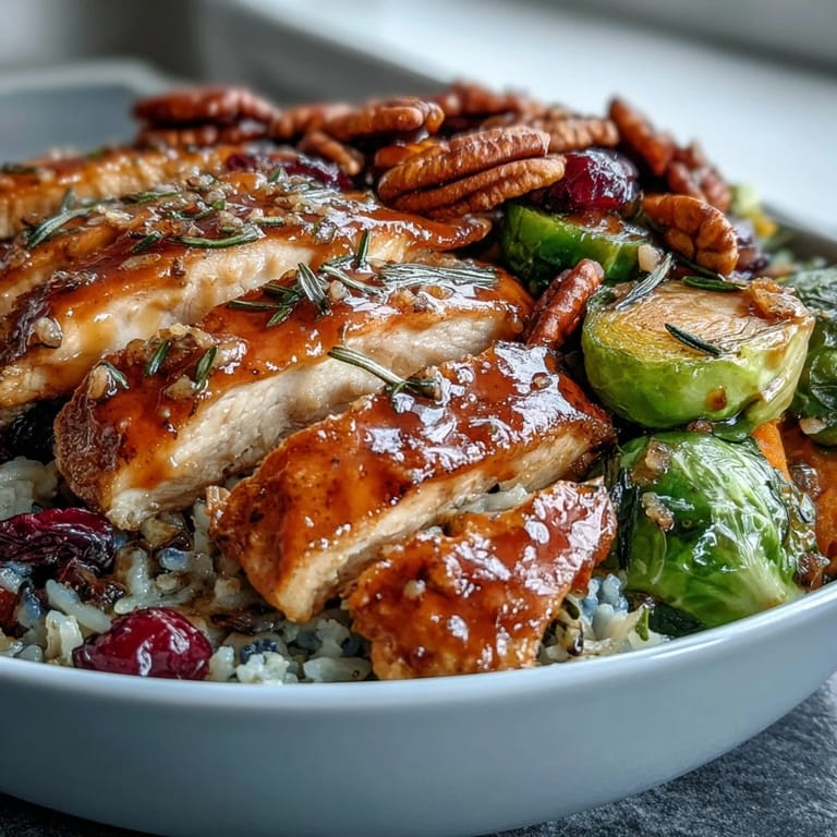 Colorful Maple Dijon Chicken Sweet Potato Bowls topped with crunchy pecans, cranberries, and fresh herbs.