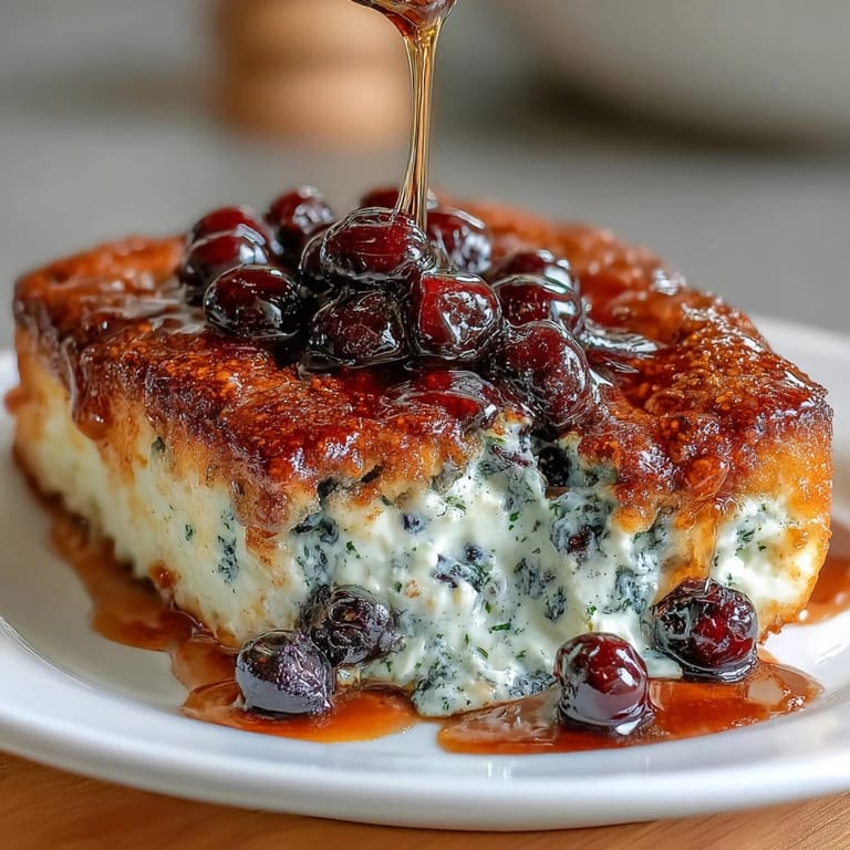 High-protein breakfast casserole with blueberries, cottage cheese, and cinnamon for a nourishing morning meal.  