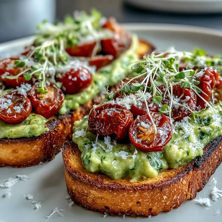 Bright and fresh avocado pesto sourdough toast garnished with juicy cherry tomatoes and crisp microgreens.