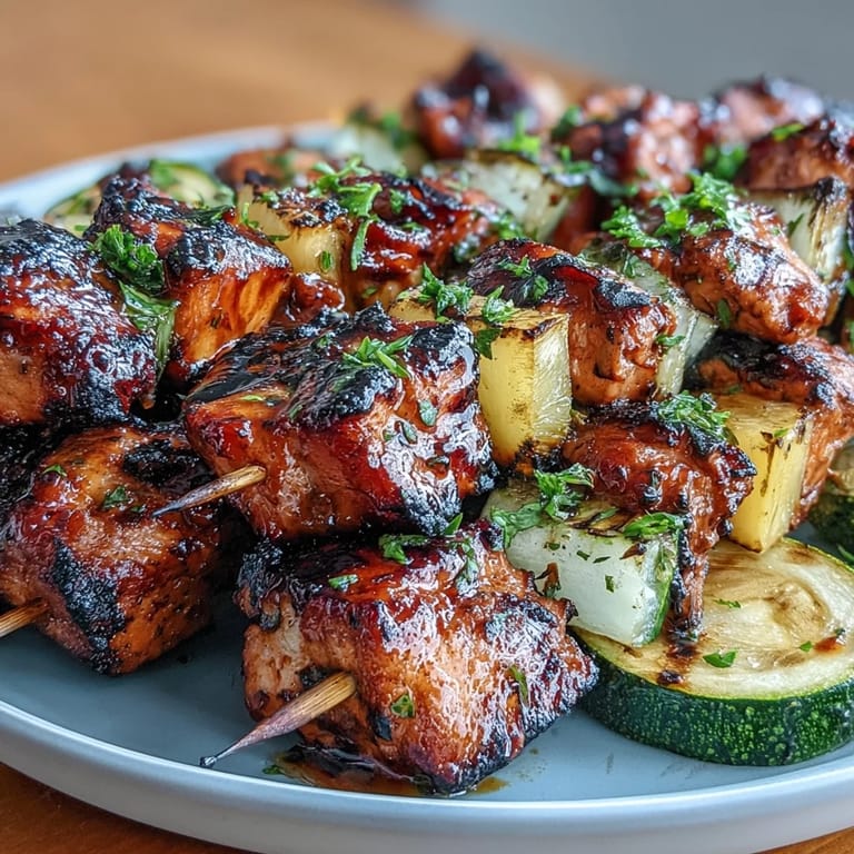 Tender chicken breast cubes and colorful zucchini slices threaded with juicy pineapple, all glazed in a zesty honey-lime marinade and grilled to perfection.  