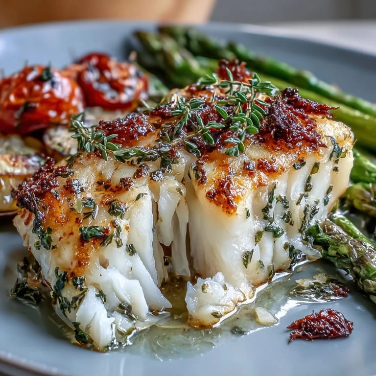 Mediterranean-inspired baked cod with lemon herb crust, served alongside colorful asparagus and sweet cherry tomatoes for a wholesome meal.
