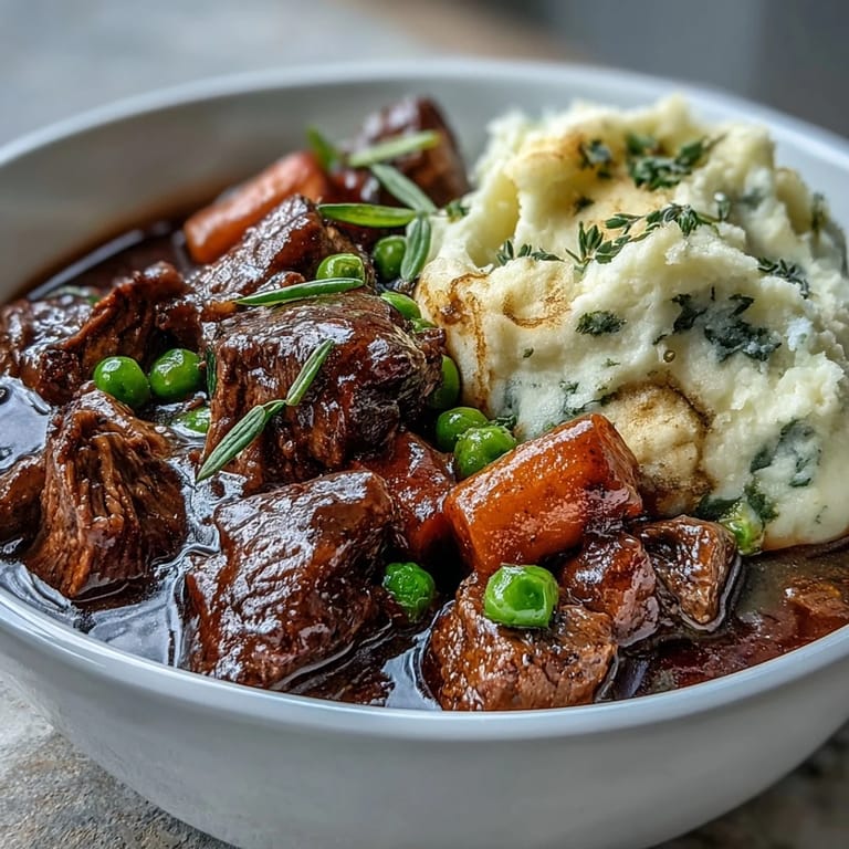Hearty Irish beef stew featuring succulent beef, carrots, celery, and peas, ladled over a smooth, low-carb cauliflower mash.