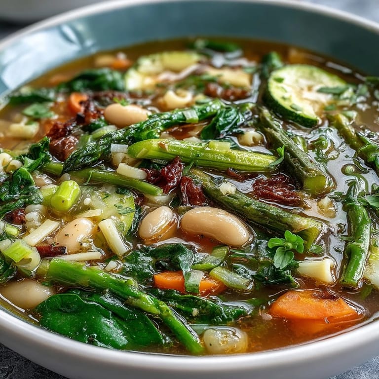 Fresh spring minestrone soup with white beans, asparagus, and peas, garnished with parsley and a drizzle of olive oil.  