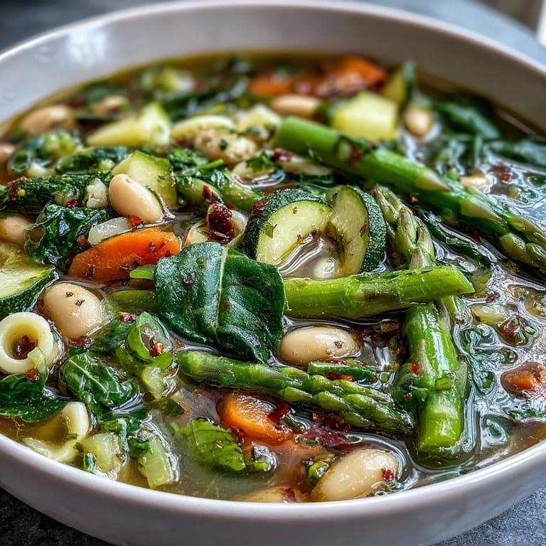 Hearty spring minestrone with white beans, asparagus, and seasonal vegetables, served steaming hot in a rustic bowl.