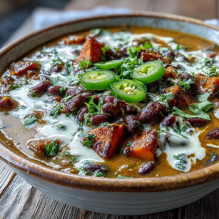 Creamy vegetarian soup with tender sweet potatoes, smoky black beans, and zesty lime crema in a warm bowl.