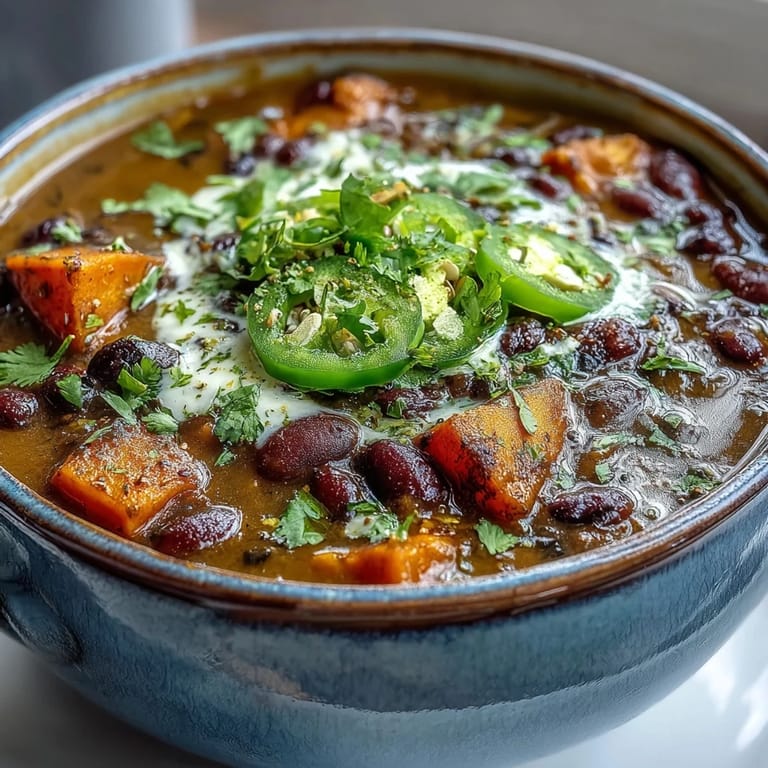 Southwestern-inspired black bean and sweet potato soup garnished with lime crema, perfect for easy weeknight meals.