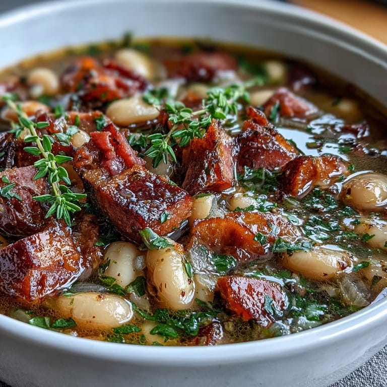 Rich, savory ham and cannellini bean soup with diced carrots, celery, and fragrant fresh herbs.