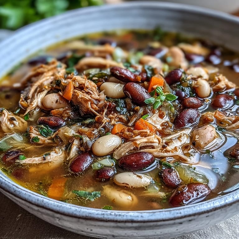 Rich, smoky 15-bean soup featuring hearty turkey, carrots, and celery in a slow-simmered broth.  