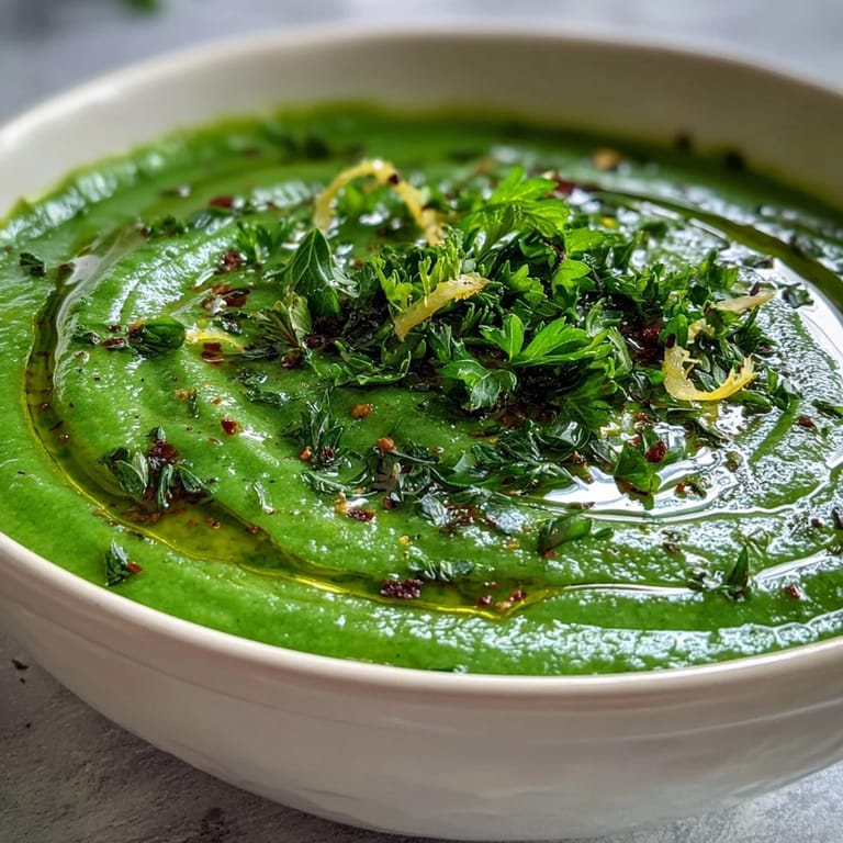 Creamy green detox vegetable soup featuring zucchini, peas, broccoli, and spinach, served hot with a lemon zest garnish.