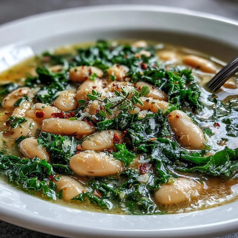 Creamy cannellini bean soup with tender kale, aromatic herbs, and a bright lemon zest finish.  