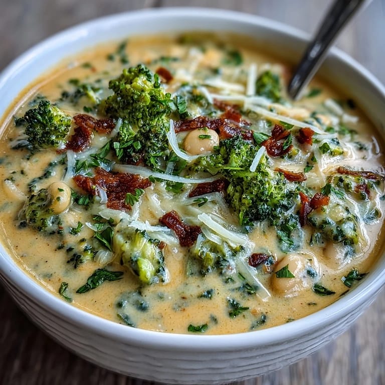 Velvety broccoli cheddar soup with hearty cannellini beans, offering rich flavor and comforting texture in every spoonful.
