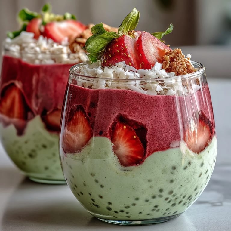 Beautifully layered strawberry matcha chia pudding jars with alternating colors of green matcha and pink strawberry, perfect for breakfast or snack.  