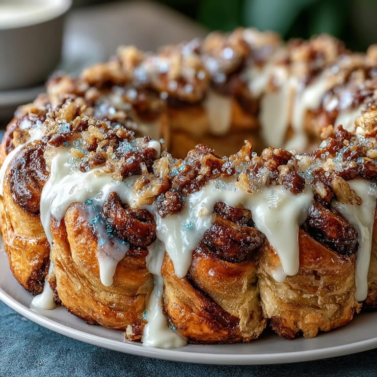 Golden baked cinnamon roll wreath drizzled with sweet icing and colorful Mardi Gras sprinkles, a showstopper dessert for Fat Tuesday.
