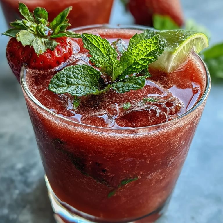 Colorful strawberry watermelon daiquiri mocktail featuring fresh fruit, zesty lime, and mint garnish for a festive beverage.