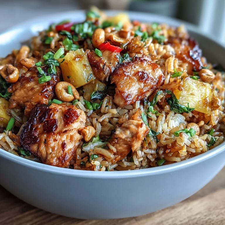 2. Vibrant fried rice dish featuring sweet chili chicken, fresh pineapple, and colorful vegetables for a tropical flavor.  