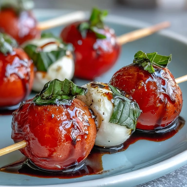Elegant Caprese skewers with mini mozzarella balls, cherry tomatoes, and basil leaves, perfect for festive gatherings.