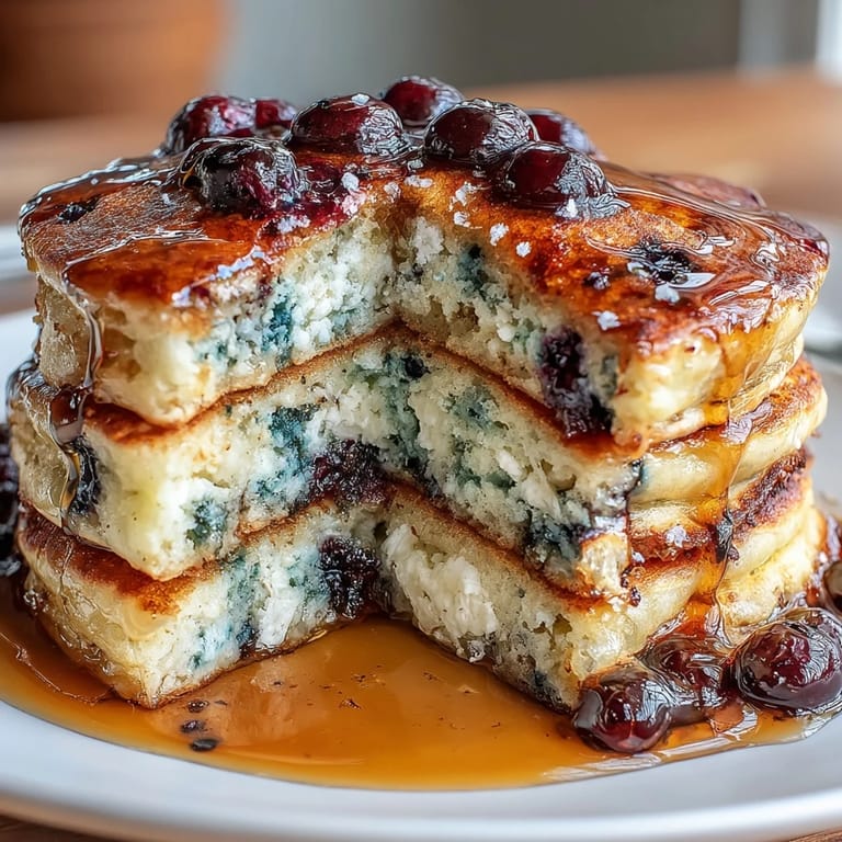 Golden-brown Lemon Blueberry Sourdough Pancakes topped with extra blueberries and lemon zest, a vibrant and tangy breakfast delight.
