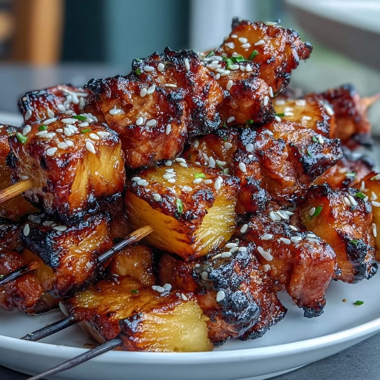 Succulent chicken and pineapple chunks air-fried until tender and caramelized, garnished with sesame seeds and spring onions for an irresistible appetizer.