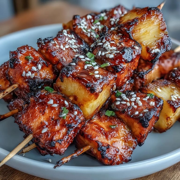 Savory-sweet air fryer chicken pineapple bites feature marinated chicken and fresh pineapple skewers, cooked to juicy perfection for a quick, flavorful meal.