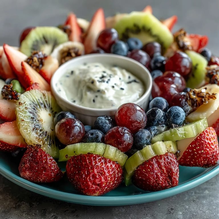 Fresh pineapple, kiwi, and blueberries fan out in a flower pattern with mint garnish, served alongside a bowl of vanilla-infused yogurt dip.