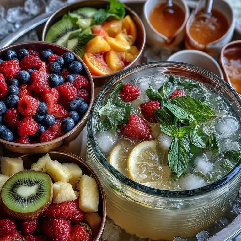 Interactive lemonade bar with chilled pitchers, fresh berries, mint, and pineapple for a festive outdoor gathering.