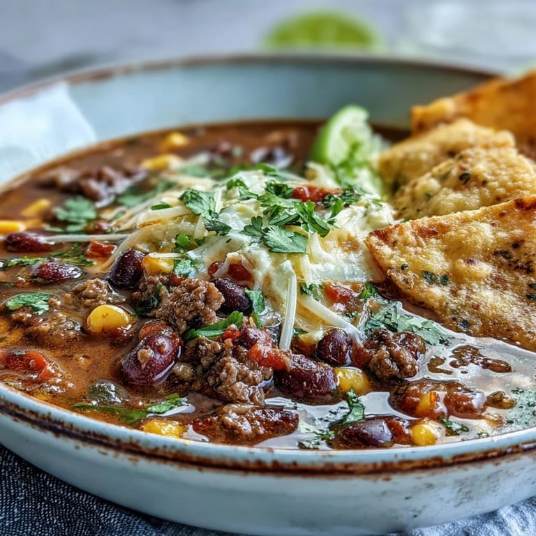 A colorful taco soup bowl featuring fresh cilantro, jalapeño slices, and a dollop of sour cream.