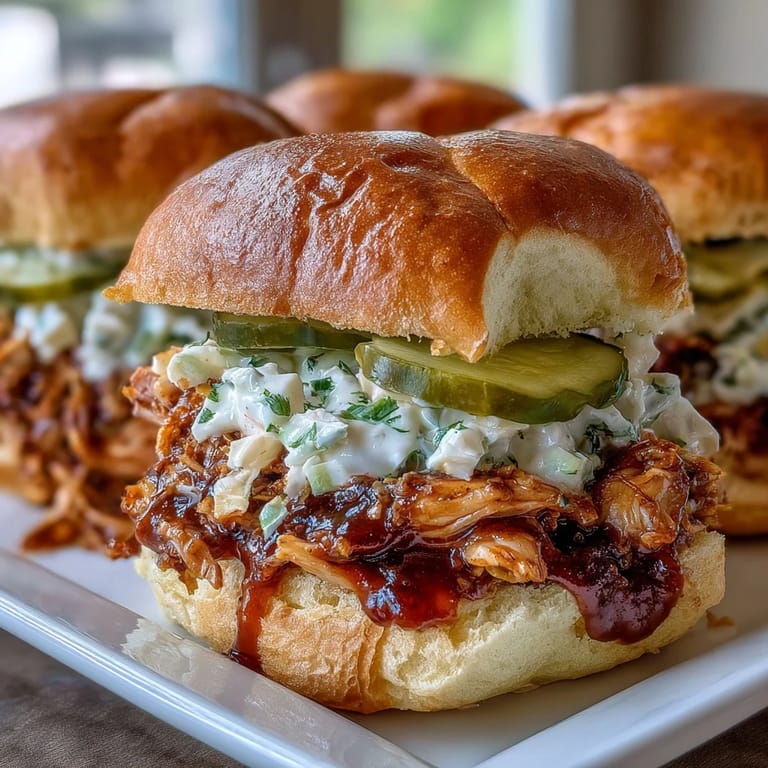 Tender shredded chicken simmered in smoky BBQ sauce, piled high on slider buns with crunchy coleslaw.  