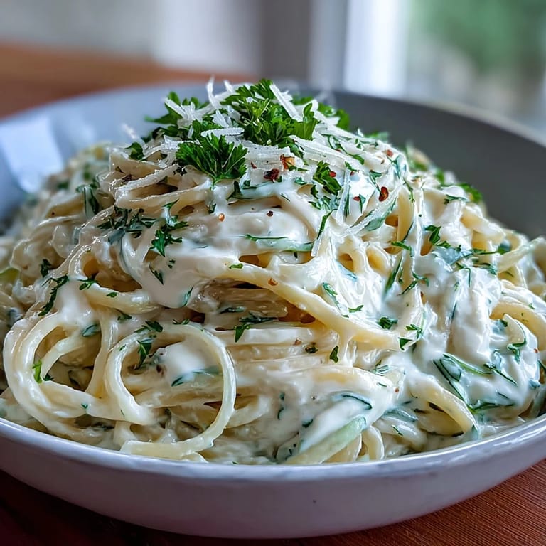 Low-carb zucchini noodles coated in velvety cottage cheese Alfredo sauce, topped with fresh herbs and cheese.