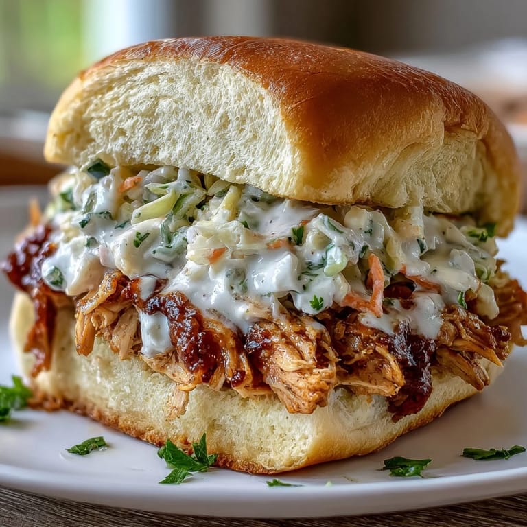Tender shredded chicken slow-cooked in ranch and au jus, served on slider buns with crisp coleslaw for a crowd-pleasing meal.  
